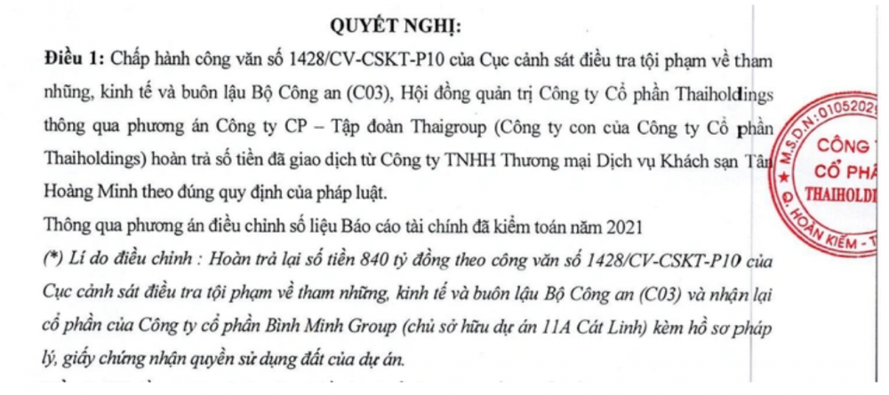 Thaiholdings trả 840 tỷ đồng cho tập đoàn Tân Hoàng Minh